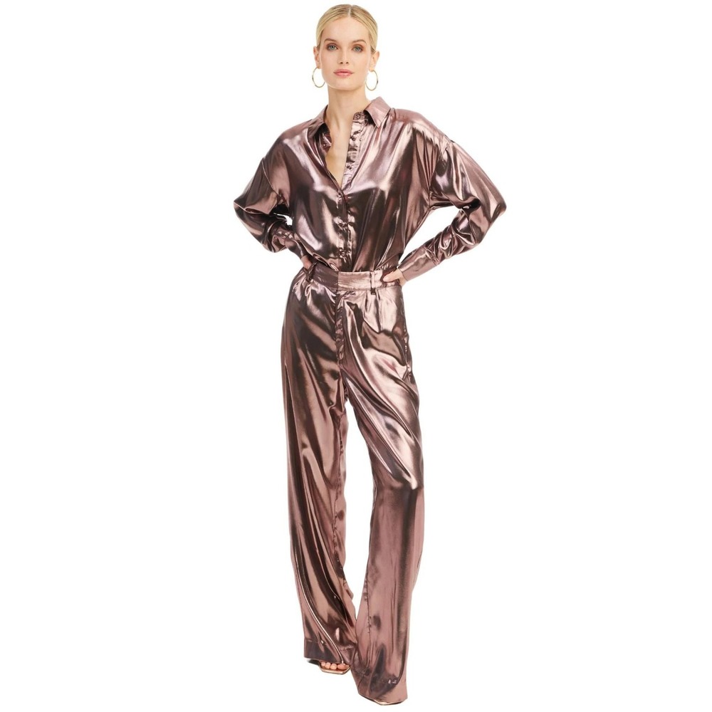 Allison New York Joan Lame Pants Rose Gold Metallic Wide Leg Trousers Medium